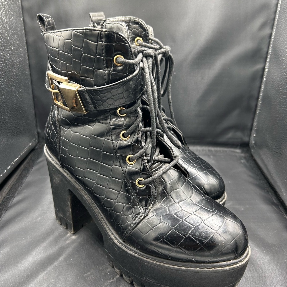 Black Croc-Embossed Lace-Up Ankle Boots